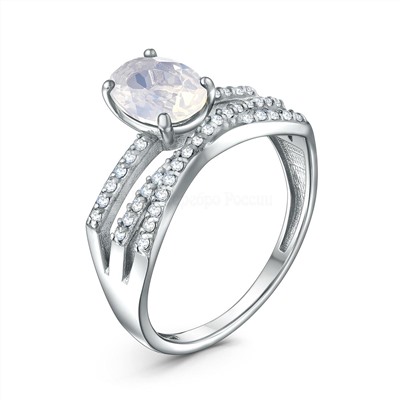 Кольцо из серебра с плавленым кварцем цвета лунный камень и фианитами родированное
