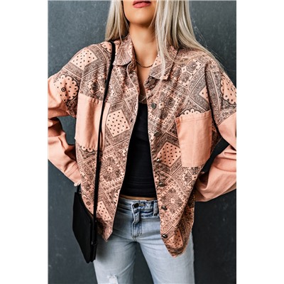 Pink Geometric Print Ripped Shirt Jacket with Pockets