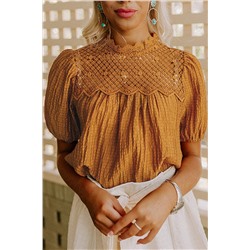 Оранжевая текстурированная блуза с элементами кроше и коротким рукавом