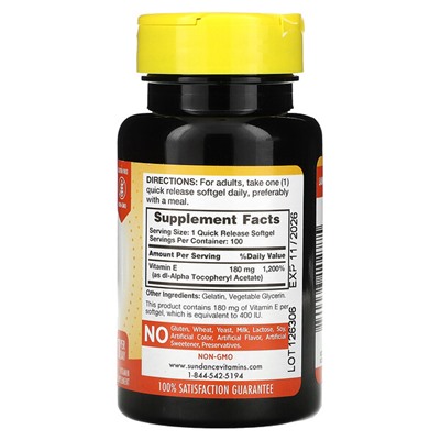 Sundance High Potency Vitamin E, 180 mg (400 IU), 100 Quick Release Softgels