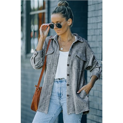 Gray Textured Button Down Shirt Jacket with Pockets