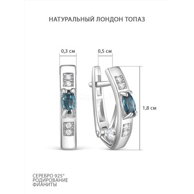 Серьги из серебра с нат.лондон топазом и фианитами родированные