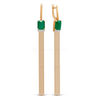 Серьги женские длинные из золочёного серебра с плавленым кварцем цвета зелёный агат и фианитами