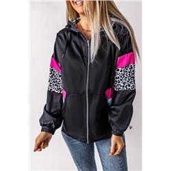Black Leopard Color Block Pockets Zip-up Hooded Jacket