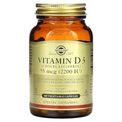 Solgar Vitamin D3 (Cholecalciferol), 55 mcg (2,200 IU), 100 Vegetable Capsules