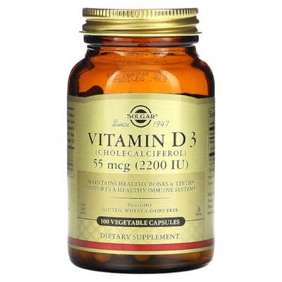 Solgar Vitamin D3 (Cholecalciferol), 55 mcg (2,200 IU), 100 Vegetable Capsules