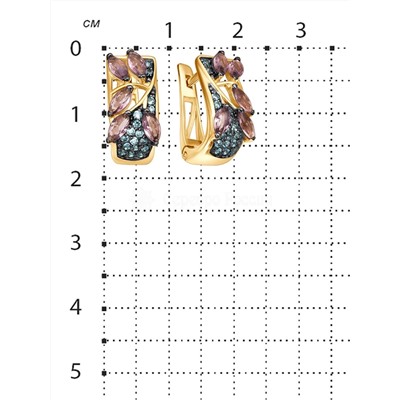 Серьги из золочёного серебра с пл. кварцем цв. родолит и фианитами цв. парайба