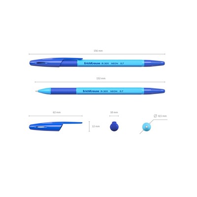 Ручка шариковая ErichKrause R-301 Neon Stick & Grip, узел 0.7 мм, чернила синие, резиновый упор, длина линии письма 2000 метров, микс