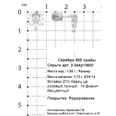 Серьги-пусеты из серебра с пл.кварцем цв.розовый лунный и фианитами родированные