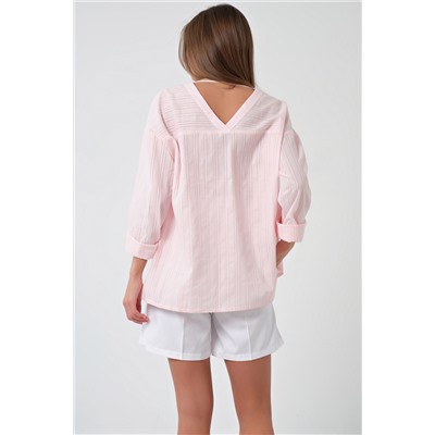 Рубашка летняя свободная полупрозрачная из хлопка розовая