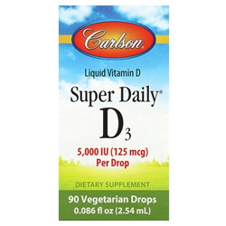 Carlson Super Daily, D3, 125 mcg (5,000 IU), 90 Vegetarian Drops, 0.086 fl oz (2.54 ml)