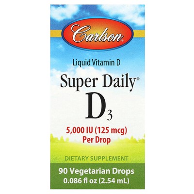 Carlson Super Daily, D3, 125 mcg (5,000 IU), 90 Vegetarian Drops, 0.086 fl oz (2.54 ml)