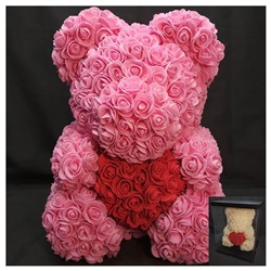 Мишка из роз с сердцем 40см с подарочной коробкой розовый фоамиран SH 910010