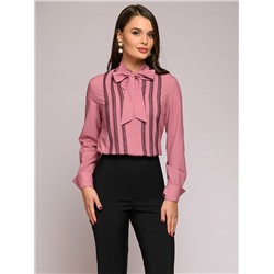 Блуза розовая в горошек с бантом и длинными рукавами