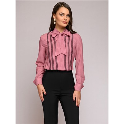 Блуза розовая в горошек с бантом и длинными рукавами