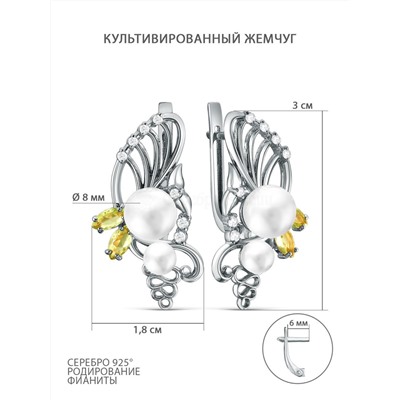 Серьги из серебра с жемчугом Сваровски, плавленым кварцем и фианитами родированные С-3120рк80427800