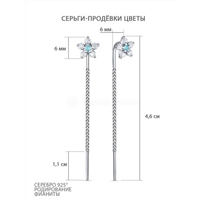 Серьги-продёвки из серебра с фианитами родированные - Цветы 925 пробы 2-591р20300