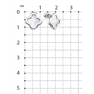 серьги-пусеты в форме клевер гвоздики из серебра с камнем перламутр родированные кол. Clover time