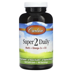 Carlson Super 2 Daily, Multi + Omega-3s + D3, 180 Soft Gels