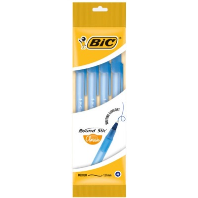 Набор ручек шариковых 4 штуки BIC "Round Stic Classic", узел 1.0 мм, среднее письмо, синие чернила