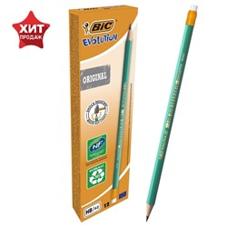 Карандаш чернографитный (простой) НВ, BIC Evolution, заточенный, пластиковый, c ластиком, шестигранный, зеленый корпус