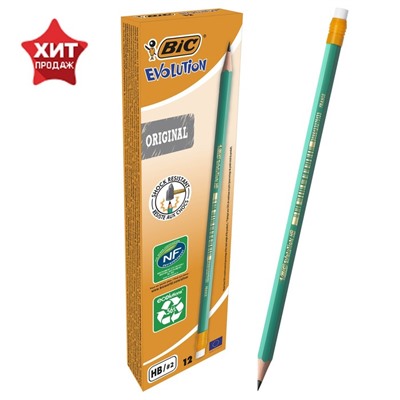 Карандаш чернографитный (простой) НВ, BIC Evolution, заточенный, пластиковый, c ластиком, шестигранный, зеленый корпус