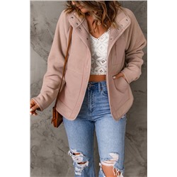 Pink Faux Shearling Lining Snap Button Suede Jacket