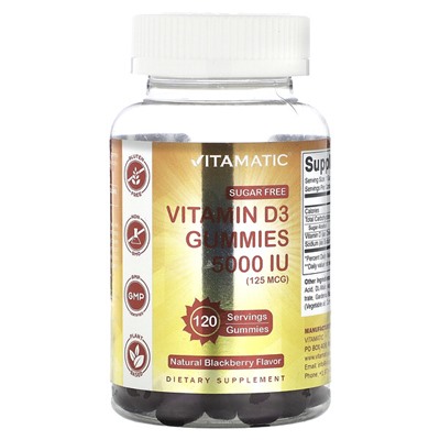 Vitamatic Sugar Free Vitamin D3 Gummies, Natural Blackberry, 5,000 IU (125 mcg), 120 Gummies