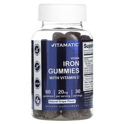 Vitamatic Vegan Iron Gummies with Vitamin C, Natural Grape, 60 Gummies