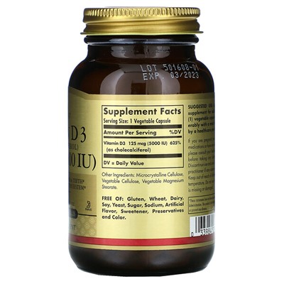 Solgar Vitamin D3 (Cholecalciferol), 125 mcg (5000 IU), 120 Vegetable Capsules