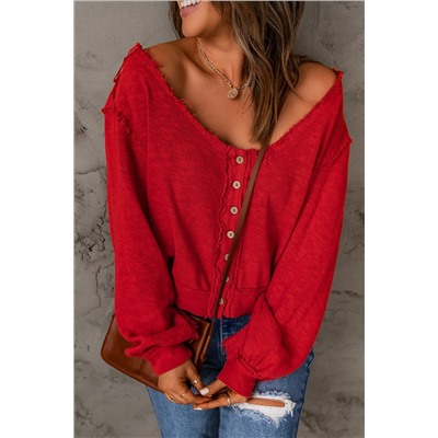 Button Front Distressed Knit Patched Top