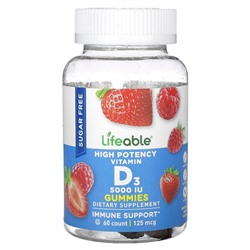 Lifeable Vitamin D3 Gummies, High Potency, Natural Berry, Sugar Free, 125 mcg (5,000 IU), 60 Gummies