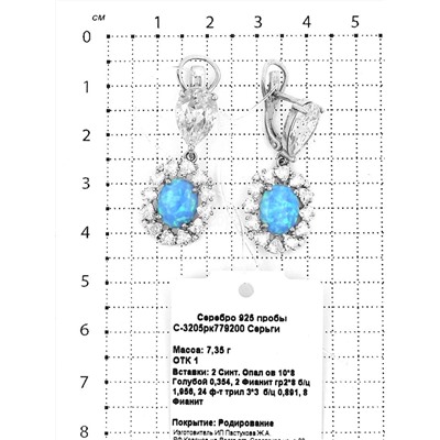 Серьги из серебра с синт.опалом и фианитами родированные
