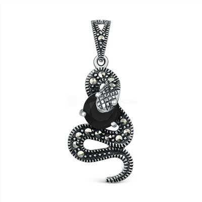 Серьги змеи из чернёного серебра с плавленым кварцем цвета чёрный и марказитами GAE3130ч