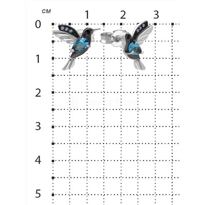 Серьги-пусеты из серебра с пл.кварцем цв.топаз, цв.чёрный и фианитами родированные - Колибри