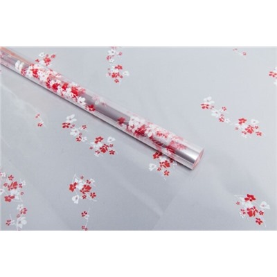 Пленка упаковочная прозрачная с рисунком для цветов и подарков в рулоне Анютины глазки 70 см Бело-красный