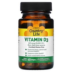 Country Life Vitamin D3, 125 mcg (5,000 IU), 60 Softgels