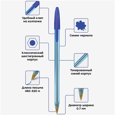 Ручка шариковая 0.7мм, синяя, прозрачный корпус "LC-Blue"