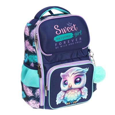 Рюкзак школьный 37х28х14, эргономичная спинка, deVENTE Smart 14L, Happy Owl, для девочек, бирюзовый/фиолетовый
