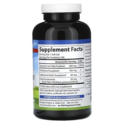 Carlson E-Gems Elite, Vitamin E with Tocopherols & Tocotrienols, 268 mg (400 IU), 240 Soft Gels