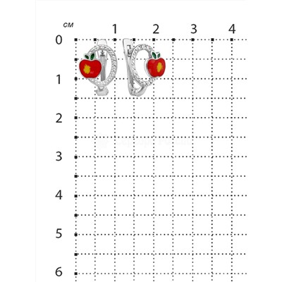 Серьги детские из родированного серебра с эмалью и фианитами - Яблочки