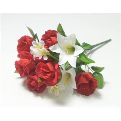 Искусственные цветы, Ветка в букете бархатный бутон розы с лилией (1010237) красный