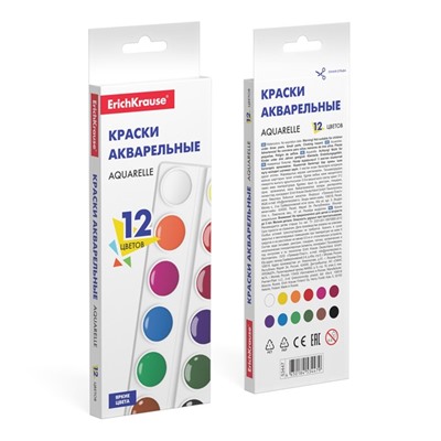 Акварель 12 цветов ErichKrause, в мягком пластике (эконом упаковка), без кисти, картон с европодвесом.