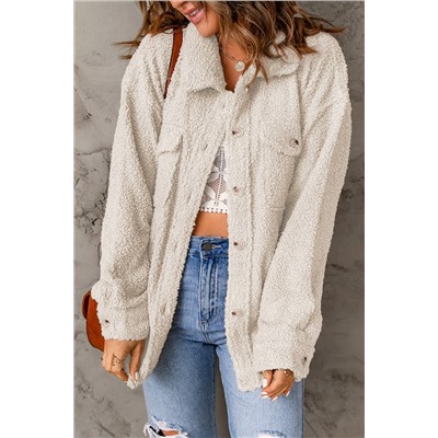 White Flap Pockets Button Front Teddy Coat