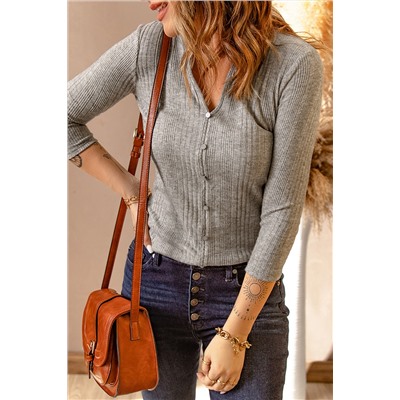Gray Buttons Front Split Neck Rib Knit Pullover Top