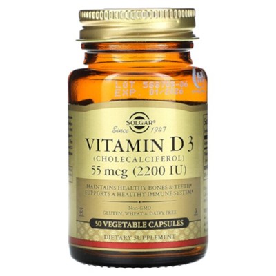 Solgar Vitamin D3, 55 mcg (2,200 IU), 50 Vegetable Capsules