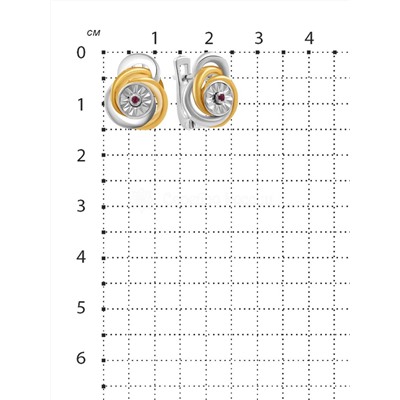 Серьги из родированного серебра с рубином и золочением
