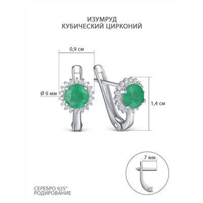 Серьги из серебра с изумрудом и кубическим цирконием родированные GTE-3355-E