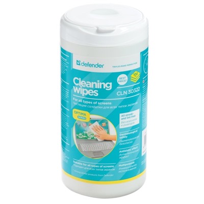 Салфетки чистящие для всех типов экранов, Defender Cleaning wipes, Optima, 100 штук в тубе