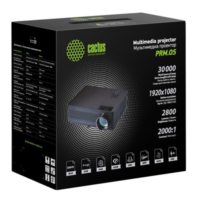 Проектор Cactus CS-PRM.05B, 2800Lm, 1920x1080, 2000:1, ресурс лампы:30000 часов,HDMI,черный